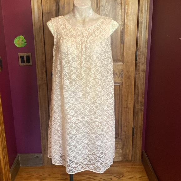 Deena Vintage Nightgown - Blush Pink lace sheer midi length long sleeveless Sz L - Picture 7 of 12